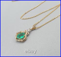 9Ct Yellow Gold Emarald and Diamond Pendant Sparkly New 9K Chain Necklace 16-18
