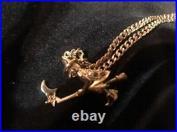 9ct GOLD HEAVY ARTICULATED FLYING WITCH Pendant W GEMSTONES ON CHAIN 18.5grm