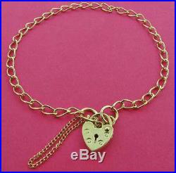 9ct Gold Charm Bracelet Flat D/c Curb Link Heart Padlock Charms Safety Chain Box