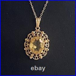9ct Gold Citrine Pendant Vintage 9k 375 Chain Necklace 3.86g