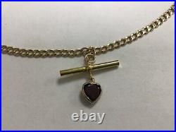 9ct Gold Curb Link Chain With T-Bar & Garnet Heart Pendant 18 Inch 4.6 Grams