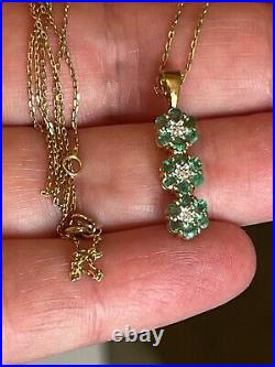 9ct Gold Emerald & Diamond Pendant & Chain