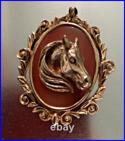 9ct Gold HORSE head pendant carnelian Hallmarked rare 24.3g medallion vintage