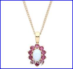 9ct Gold Natural Opal & Ruby Cluster Pendant NECKLACE 18 Chain Solid 9K NEW