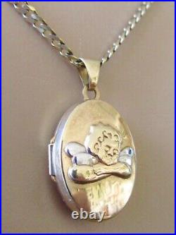 9ct Gold Necklace 9ct Gold Locket Pendant With Cherub & Inscription & Chain