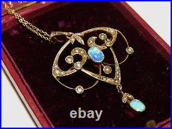 9ct Gold Pendant Antique Edwardian Opal Seed Pearl Cabochon Brooch & Chain