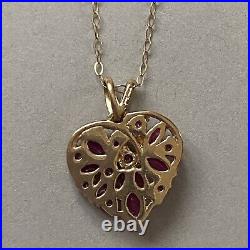 9ct Gold Ruby Heart Pendant & Fine 9ct Chain 9k 375 Necklace Vintage