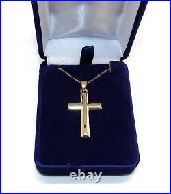 9ct Hallmarked Yellow Gold Mirror Finish Domed 40mm X 20mm Cross Chain Opt