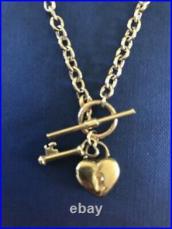 9ct Yellow gold Belcher T Bar Necklace Chain With Heart Lock & Key Charm 17 8g