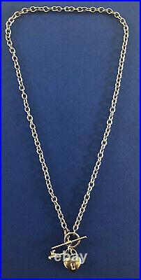 9ct Yellow gold Belcher T Bar Necklace Chain With Heart Lock & Key Charm 17 8g