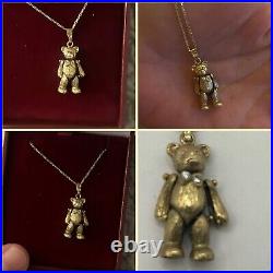 9ct gold CZ set Vintage articulated teddy bear pendant And Chain