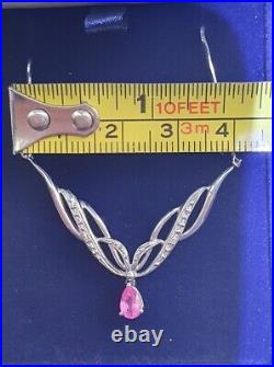 9ct white gold Diamond necklace with pink tear drop Topaz stone. In New gift box