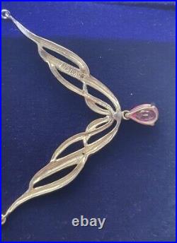 9ct white gold Diamond necklace with pink tear drop Topaz stone. In New gift box