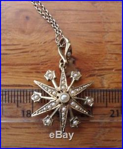 Antique 15ct Gold Seed Pearl Star Snowflake Pendant on 9ct Gold Chain