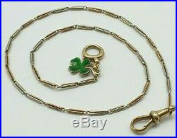 Antique 9 Ct Gold Fancy Albert Watch Chain & Gold Enamel Shamrock Lucky Charm