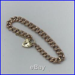 Antique 9ct Gold Charm Bracelet Vintage Heart Lock Fastener & Safety Chain #373