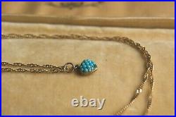 Antique 9ct Gold Turquoise Heart Mourning Locket Pendant Plaited Hair On Chain