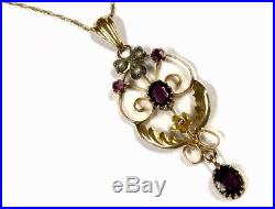 Antique Art Nouveau 9ct Gold Lavaliere Amethyst Pearl Pendant & Chain Necklace