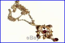 Antique Art Nouveau 9ct Gold Lavaliere Garnet Pendant & Chain Necklace