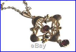 Antique Art Nouveau 9ct Gold Lavaliere Garnet Pendant & Chain Necklace