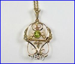 Antique Art Nouveau 9ct Gold Peridot & Seed Pearl Pendant/Brooch & Chain, c1900