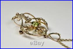 Antique Art Nouveau 9ct Gold Peridot & Seed Pearl Pendant/Brooch & Chain, c1900