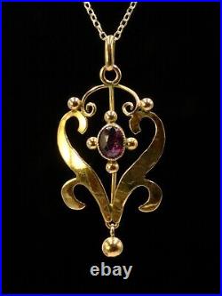 Antique Art Nouveau Edwardian 9ct gold amethyst pendant with chain