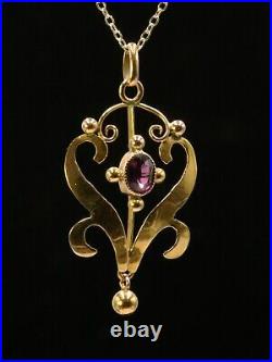 Antique Art Nouveau Edwardian 9ct gold amethyst pendant with chain