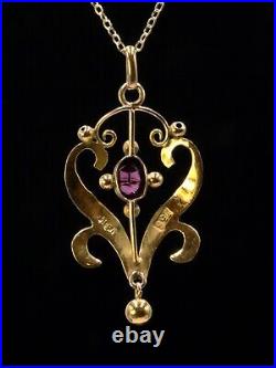 Antique Art Nouveau Edwardian 9ct gold amethyst pendant with chain