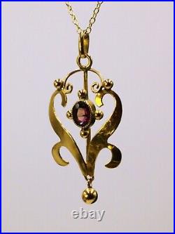 Antique Art Nouveau Edwardian 9ct gold amethyst pendant with chain