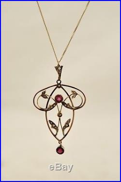 Antique C. 1800s Victorian 9ct 375 Rose Gold Garnet & Seed Pearl pendant & chain