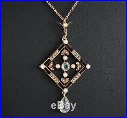 Antique Edwardian 15Ct Gold Pendant With Aquamarine & Pearls On 9Ct Gold Chain