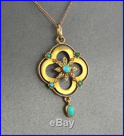 Antique Edwardian 15Ct Gold Pendant With Turquoise & Pearl On 9Ct Gold Chain