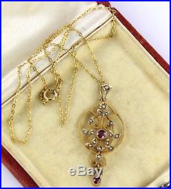 Antique Edwardian 9Ct Gold, Amethyst & Pearl Pendant On Fine 9Ct Gold Chain