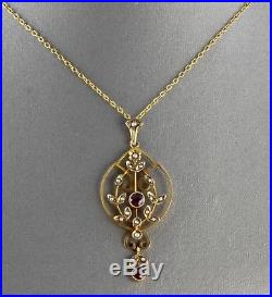 Antique Edwardian 9Ct Gold, Amethyst & Pearl Pendant On Fine 9Ct Gold Chain