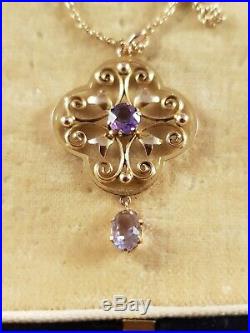 Antique Edwardian 9ct Gold & Amethyst Pendant And Chain Circa 1900