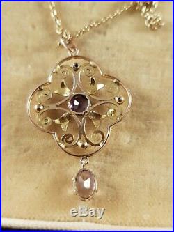 Antique Edwardian 9ct Gold & Amethyst Pendant And Chain Circa 1900