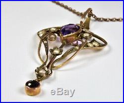 Antique Edwardian 9ct Gold Amethyst Seed Pearl Lavaliere Pendant & Chain, c1905