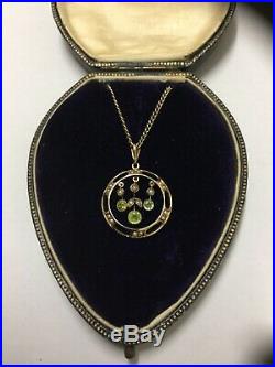Antique Edwardian 9ct Gold, Peridot & Seed Pearl Necklace Pendant & Chain + Box