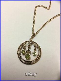 Antique Edwardian 9ct Gold, Peridot & Seed Pearl Necklace Pendant & Chain + Box