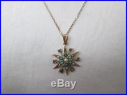 Antique Edwardian 9ct Gold Seed Pearl And Turquoise Star Pendant With 9ct Chain
