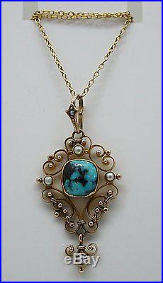 Antique Lovely 9ct Gold Ornate Natural Turquoise And Pearl Pendant And Chain