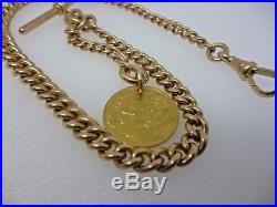 Antique Rose 9ct Gold curb Albert Chain and 22ct Half Soverign Fob c. 1914 41.7g