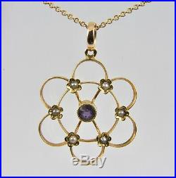 Antique Victorian 15ct Gold Amethyst & Seed Pearl Pendant & 9ct Gold Chain c1880