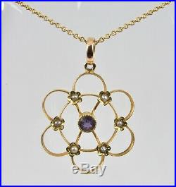 Antique Victorian 15ct Gold Amethyst & Seed Pearl Pendant & 9ct Gold Chain c1880