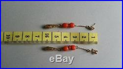 Antique Victorian Calved Design 9ct Gold Natural Coral Drop Chain Earrings
