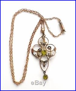 Antique Victorian Peridot & Seed pearl Pendant & conforming 9ct gold chain