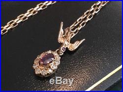 Antique/Vintage 9ct gold Natural Ruby+Rose Cut Diamonds, Bird pendant Chain 21