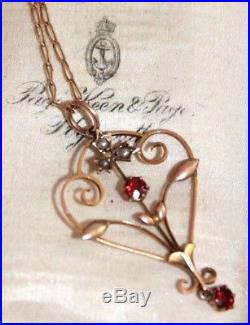 Art Nouveau 9 ct gold garnet seed pearl pendent 16 chain vintage Edwardian