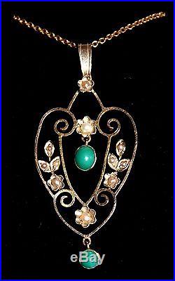 Art Nouveau 9 ct gold seed pearl & turquoise pendent on chain antique floral